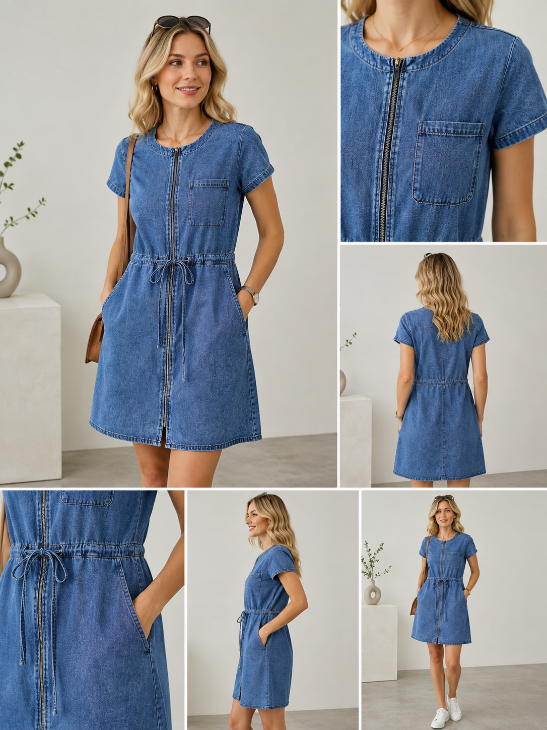 Kadın Mavi Denim Kot Elbise Kısa Kollu Fermuarlı Beli Bağcıklı Cepli Yazlık Günlük Elbise