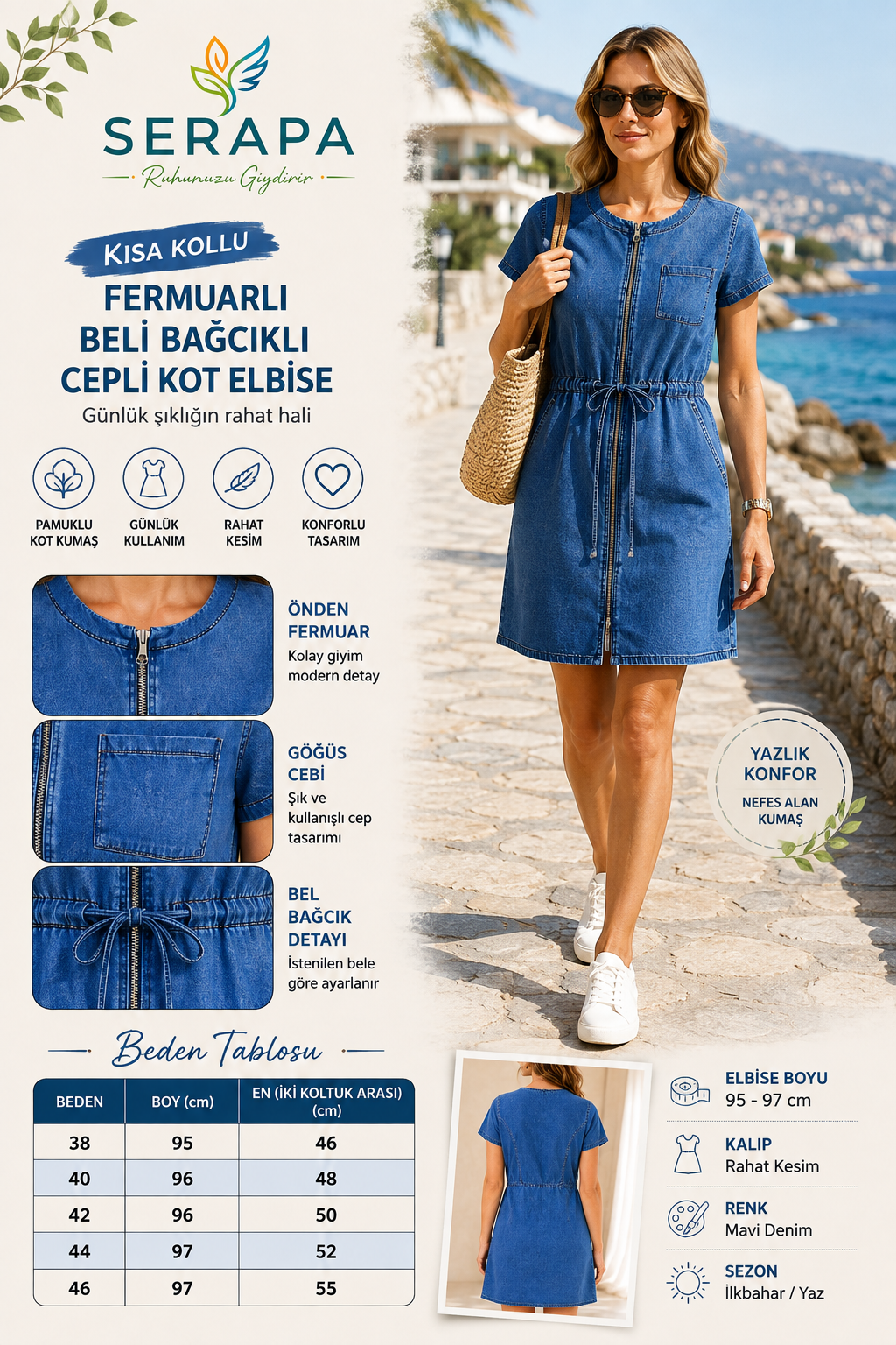 Kadın Mavi Denim Kot Elbise Kısa Kollu Fermuarlı Beli Bağcıklı Cepli Yazlık Günlük Elbise