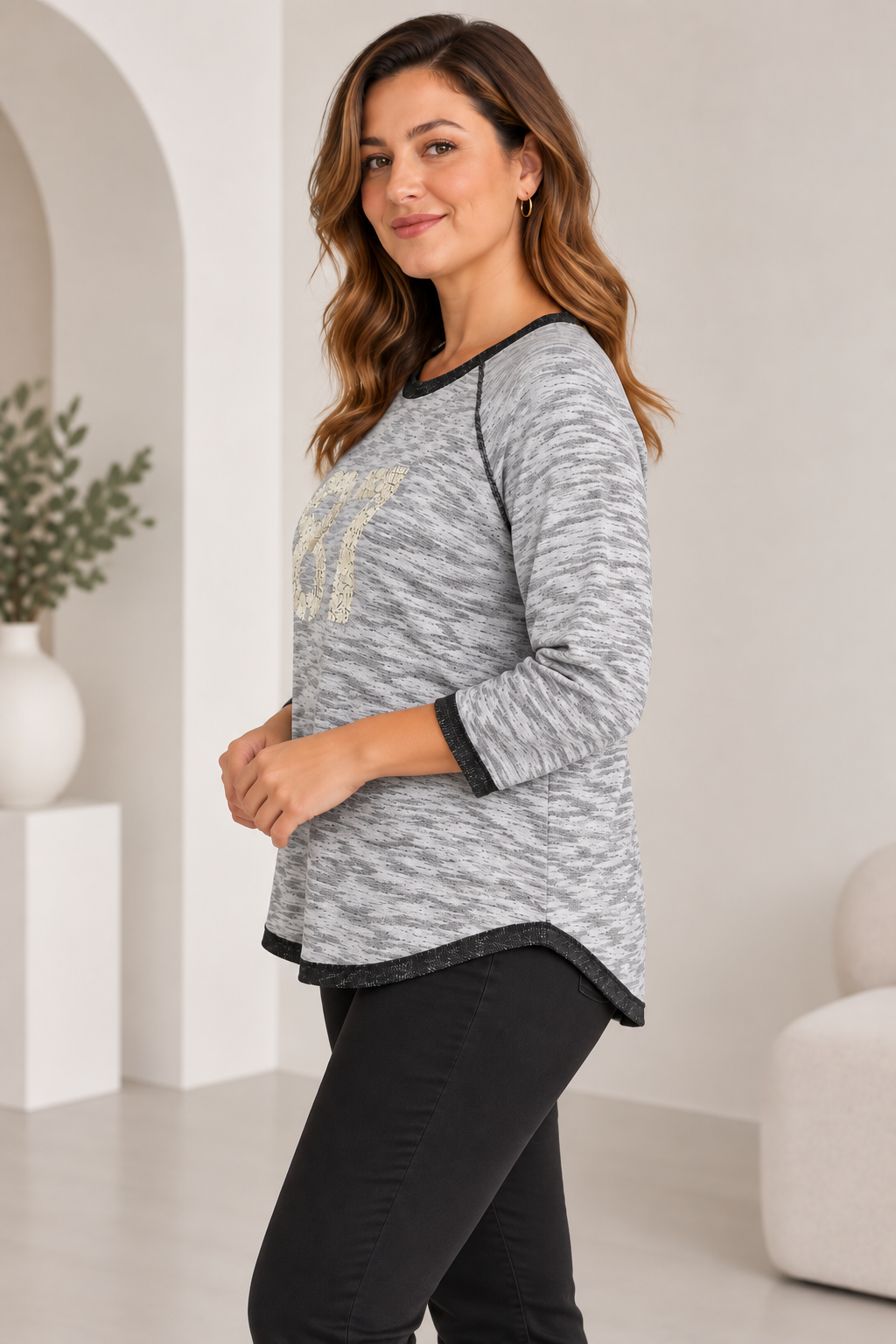 Kadın %100 Pamuk Büyük Beden Sweatshirt Gri Melanj 80'ler Esintili Retro Raglan Kol Rahat Kesim