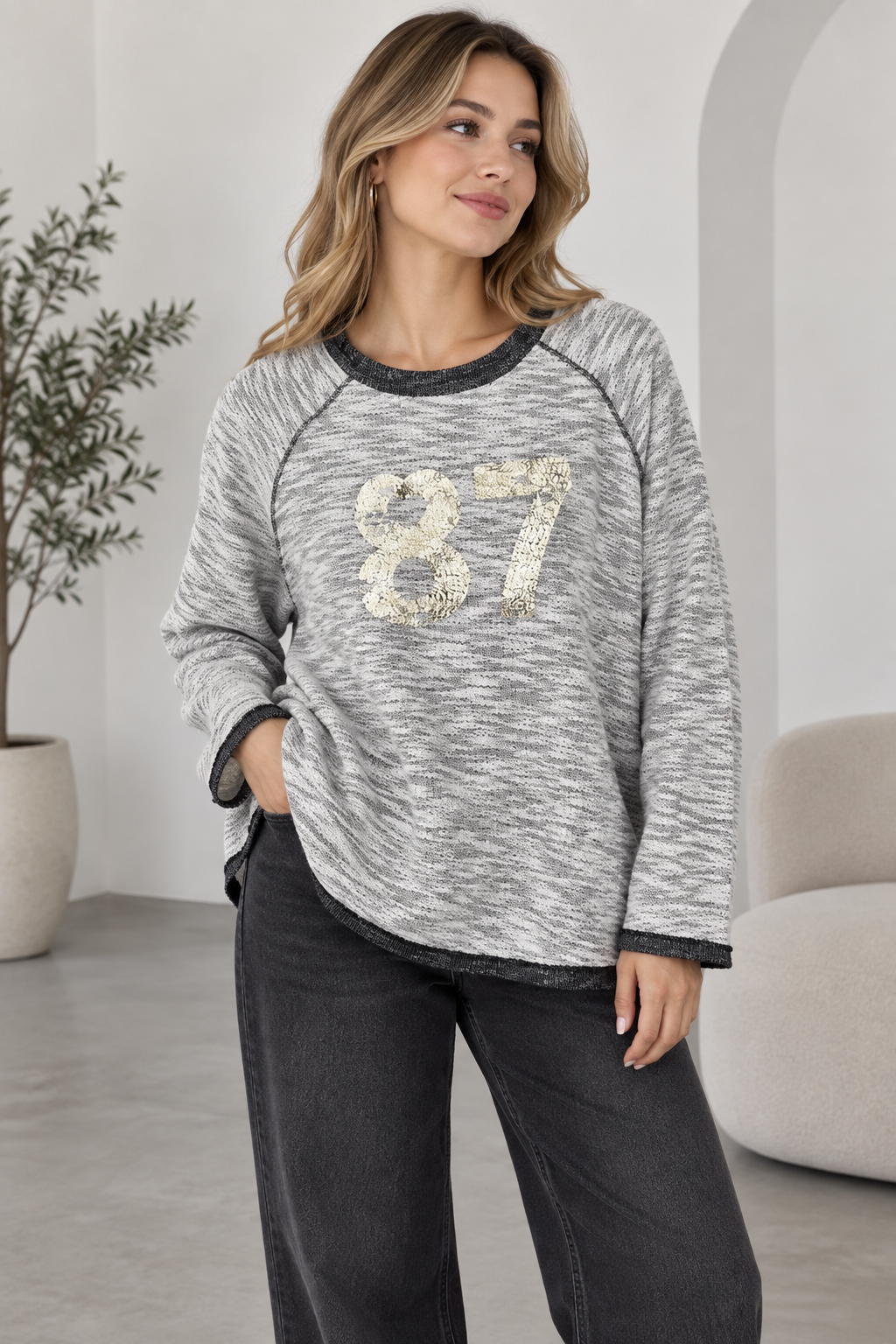 Kadın %100 Pamuk Büyük Beden Sweatshirt Gri Melanj 80'ler Esintili Retro Raglan Kol Rahat Kesim