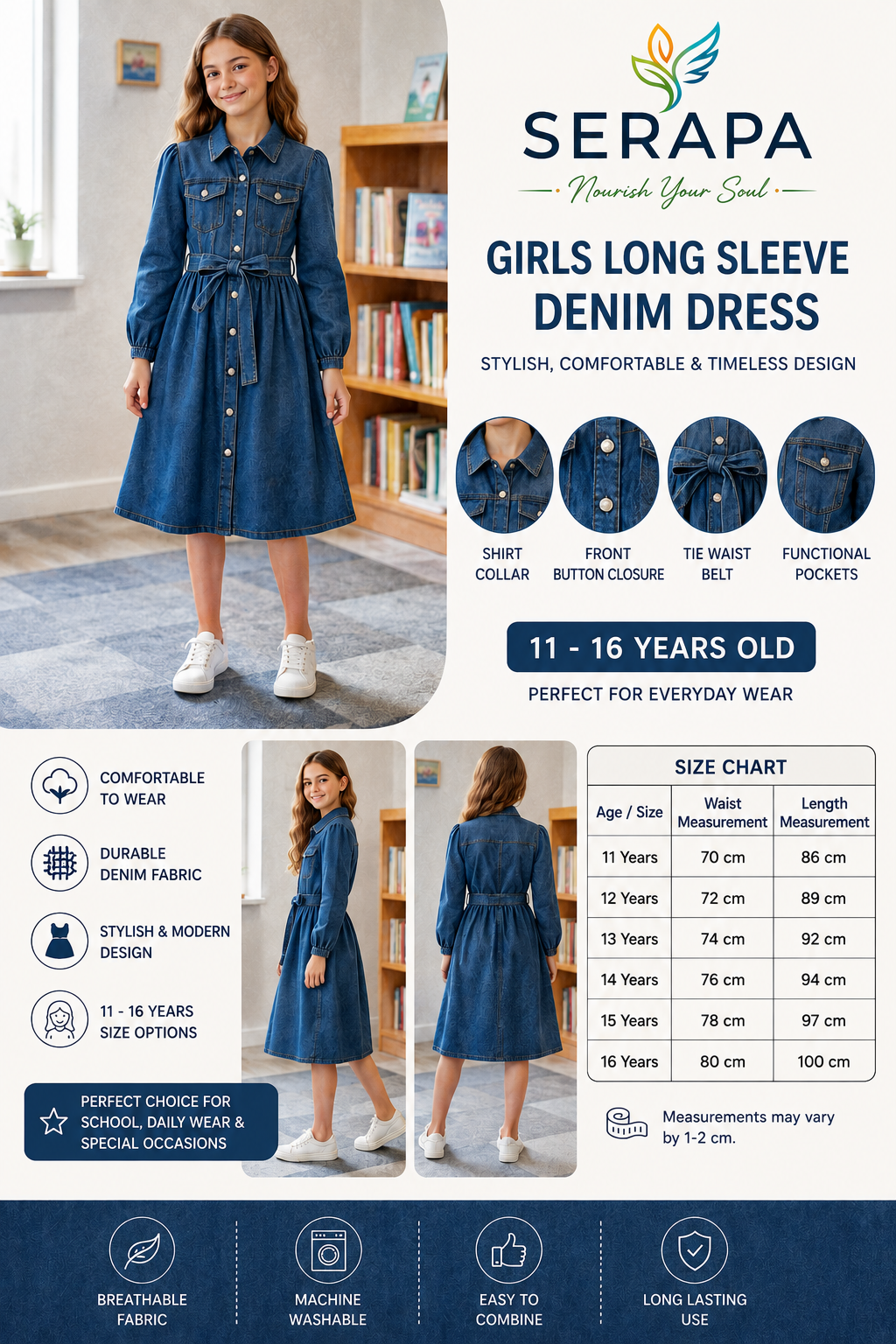 Kız Çocuk Uzun Kollu Denim Elbise Gömlek Yaka Düğmeli Kemerli Cepli Jean Elbise 11-16 Yaş