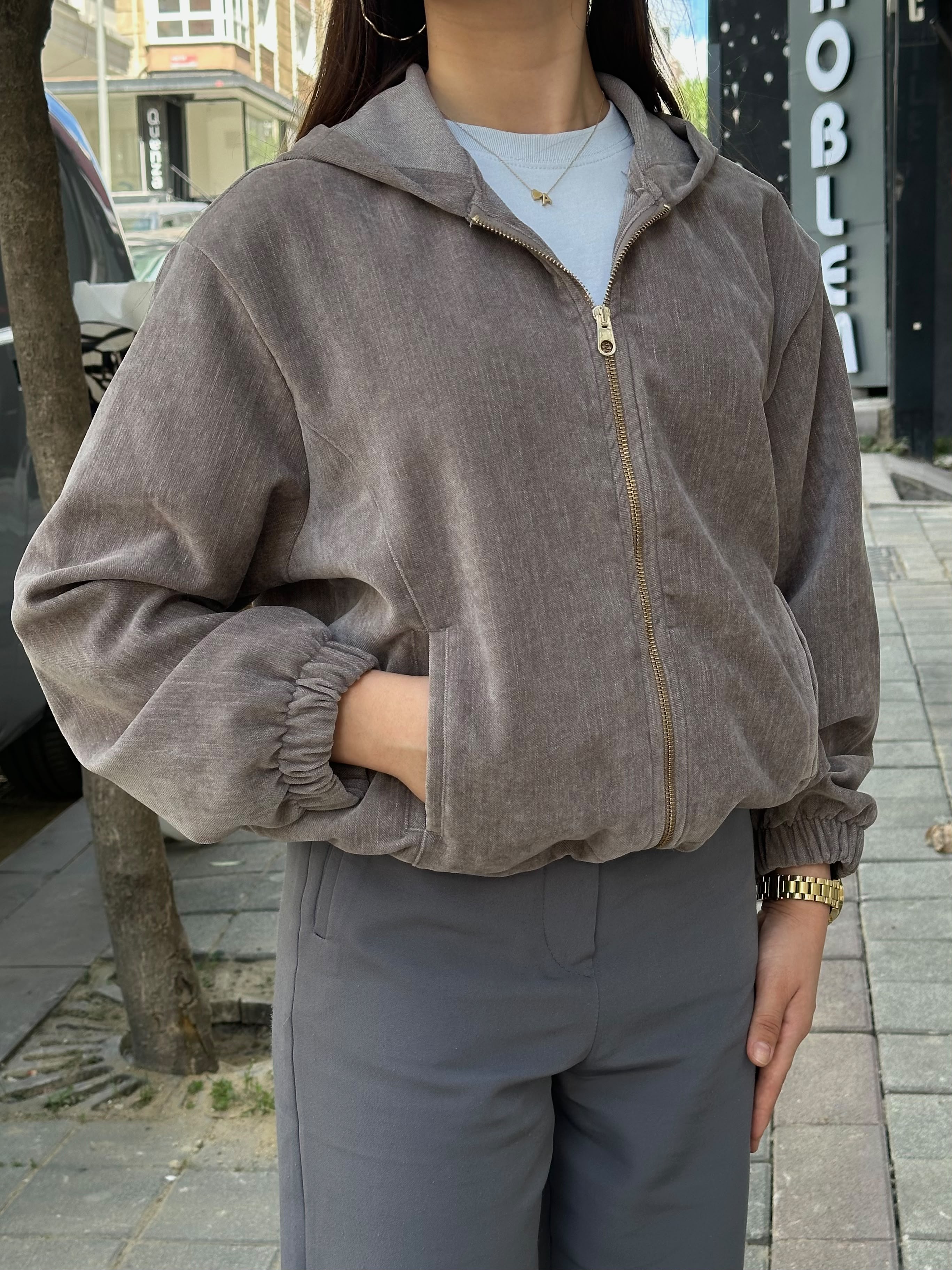 Kadın Cupro Modal Kapüşonlu Ceket Fermuarlı Rahat Kesim Günlük Spor Ceket
