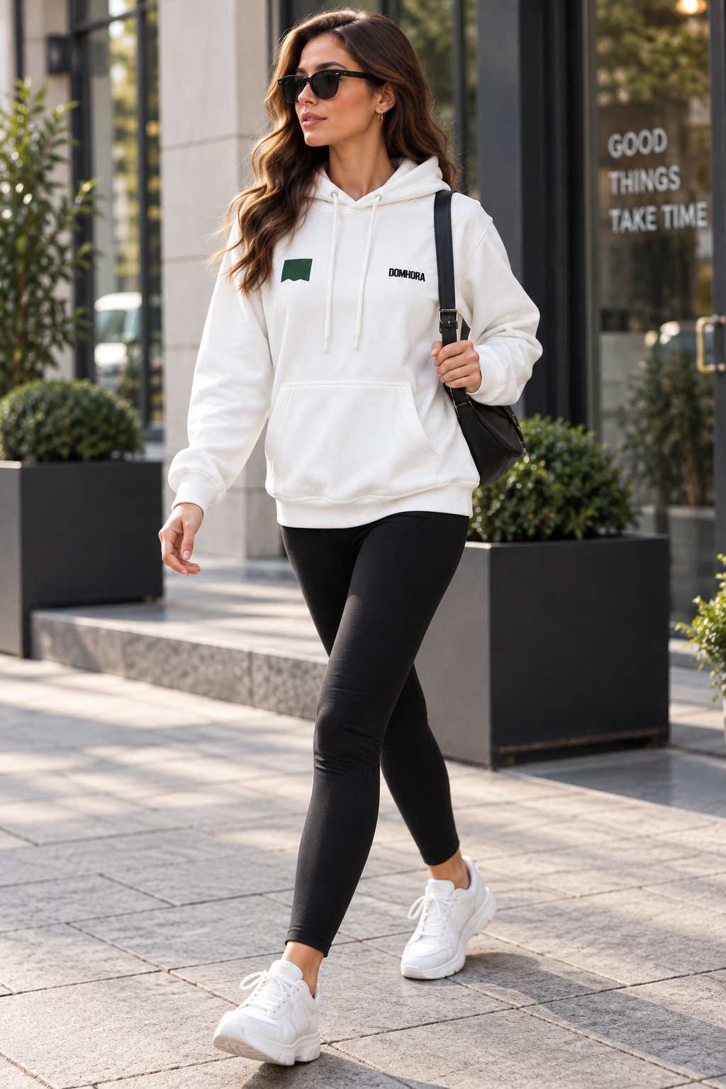 Kadın Ekru Şardonlu 3 İplik Kapüşonlu Kanguru Cepli Sweatshirt Rahat Kesim Pamuklu