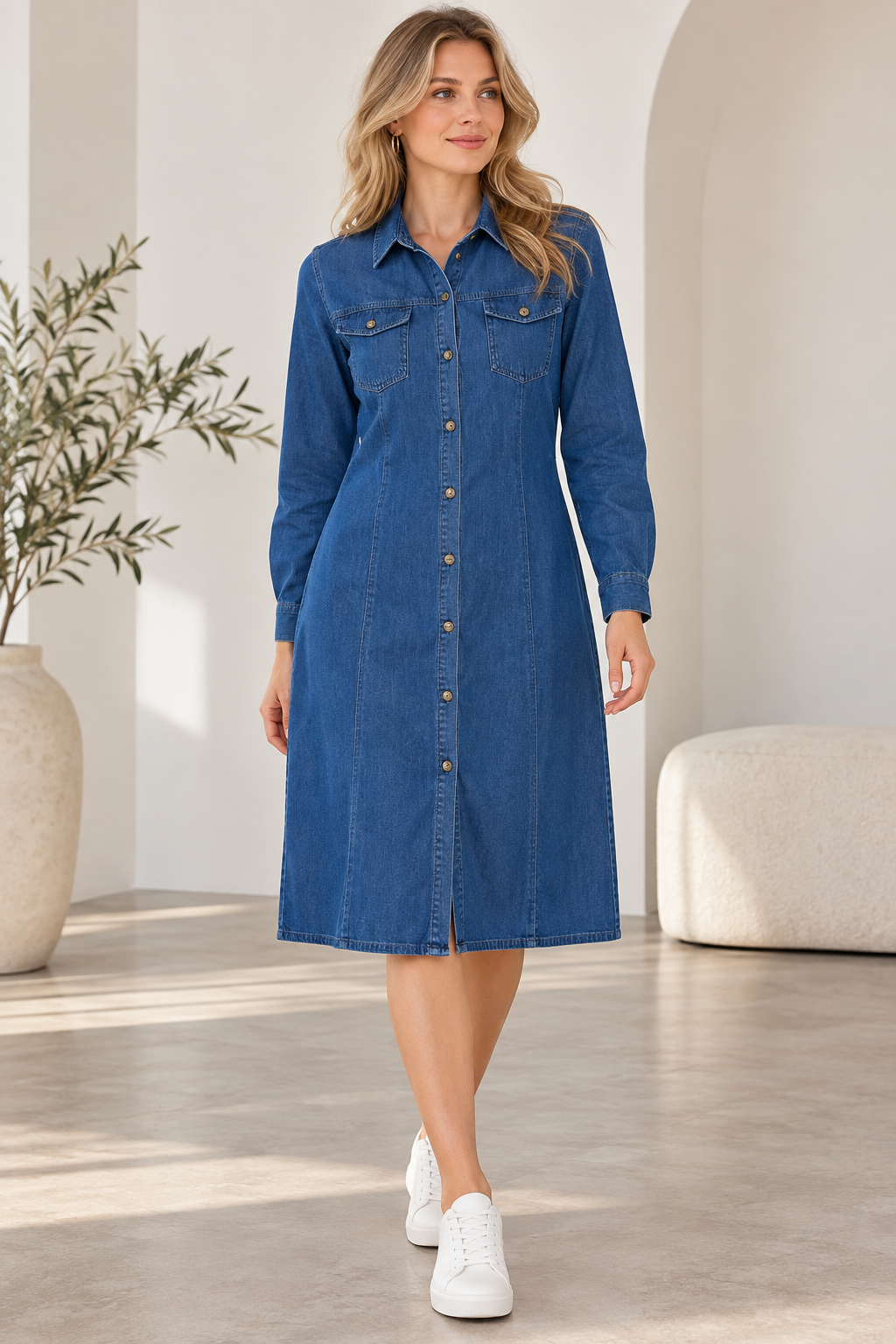 Kadın Kot Elbise Büyük Beden 44-52 Kuşaklı Cepli Uzun Kollu Gömlek Yaka Denim Elbise