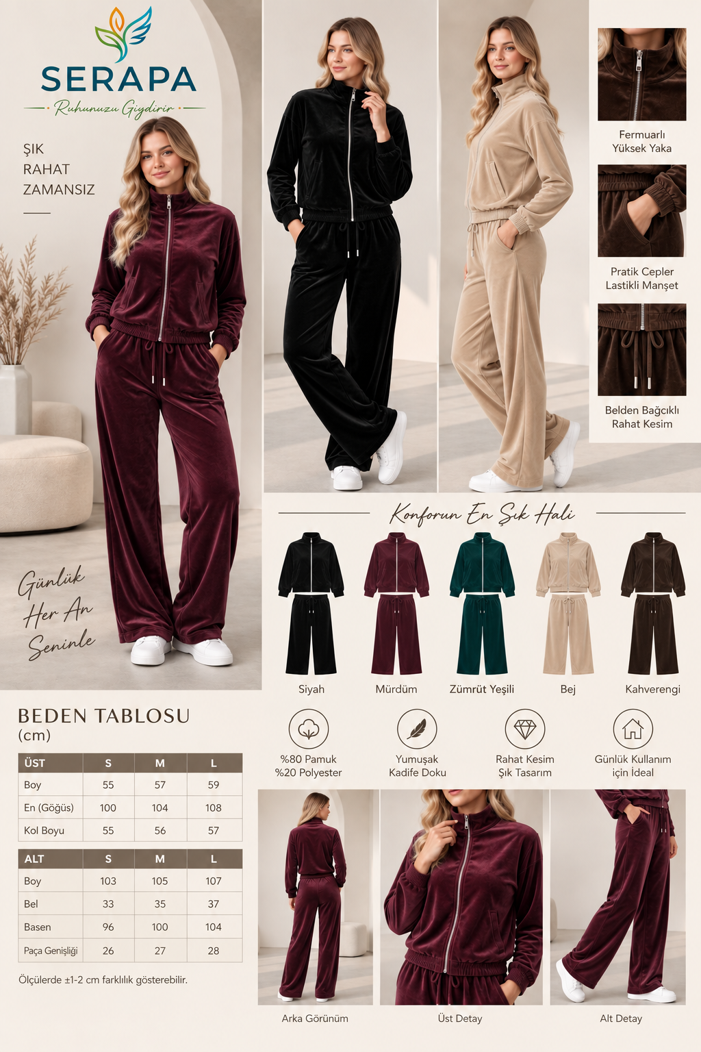 Kadın Kadife Eşofman Takımı %80 Pamuk %20 Polyester Fermuarlı Rahat Kesim Geniş Paça