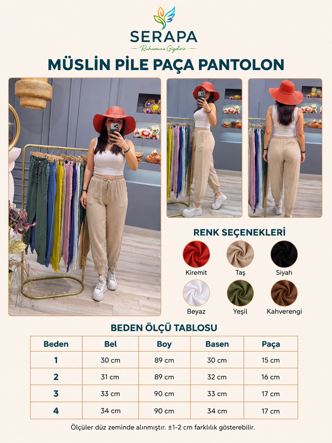 Kadın Müslin Pile Paça Pantolon Rahat Kalıp Lastikli Beli Bağcıklı Cepli Günlük Pantolon