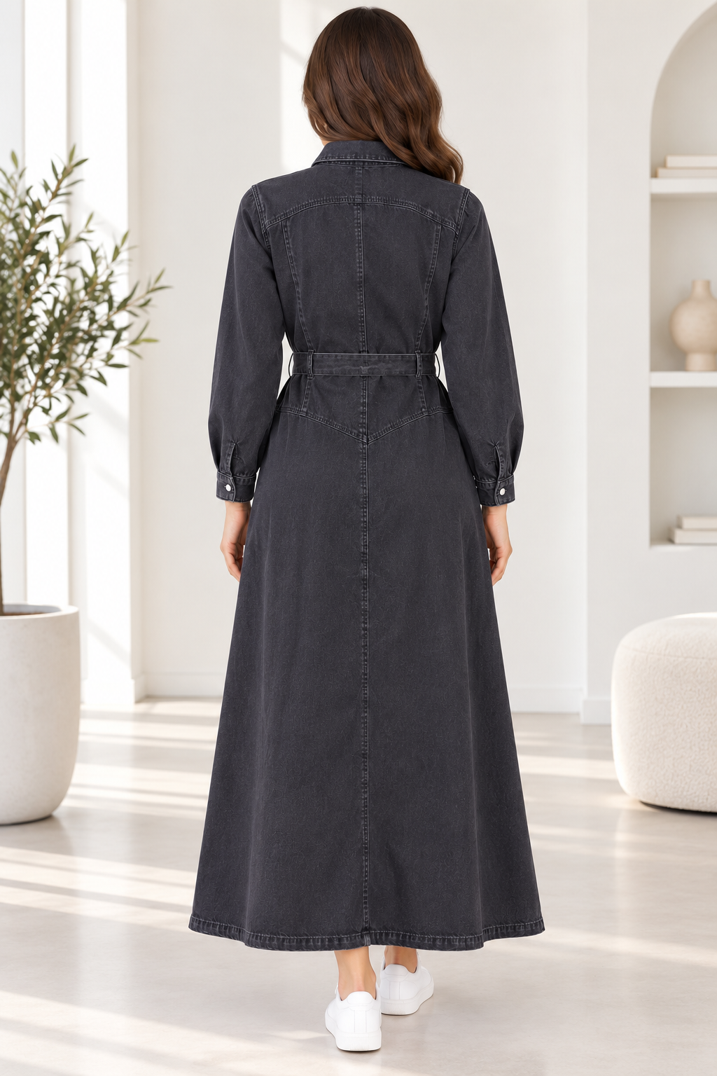 Kadın Siyah Denim Maxi Gömlek Elbise Uzun Kollu Gömlek Yaka Kuşaklı Düğmeli Uzun Mevsimlik Elbise