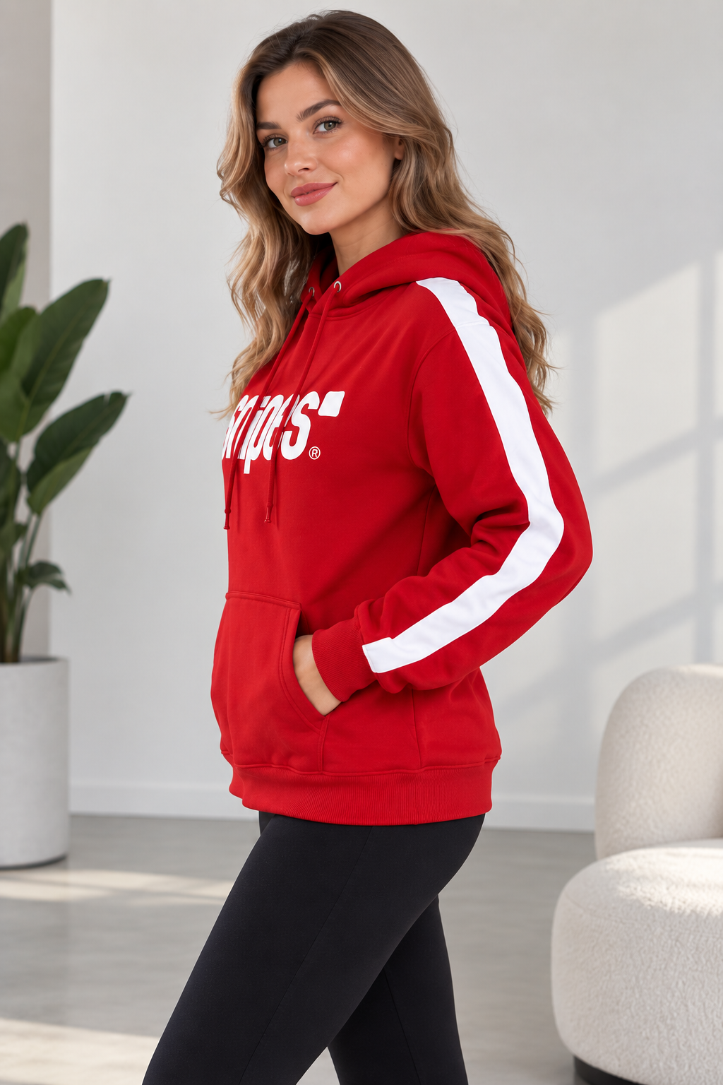 Kadın Şardonlu 3 İplik Kapüşonlu Sweatshirt %80 Pamuk %20 Polyester Rahat Kesim Kanguru Cepli Şerit Detaylı