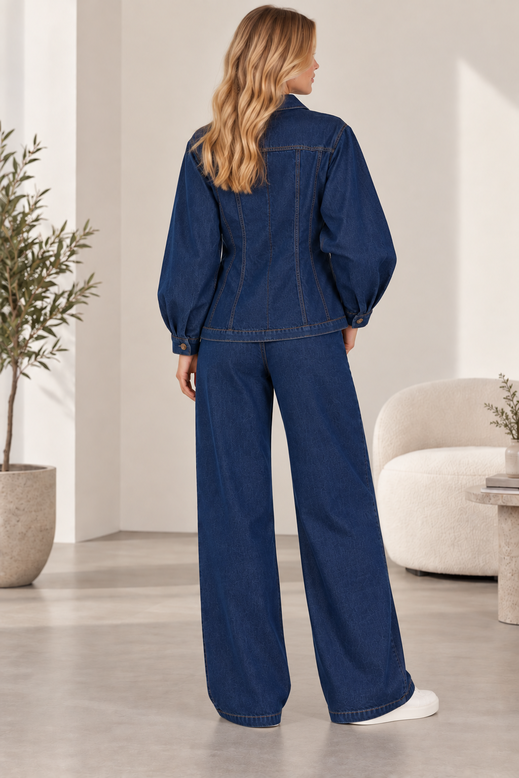 Kadın Omuz Vatkalı Volümlü Kollu Denim Ceket Pantolon Takım Geniş Paça Rahat Kesim