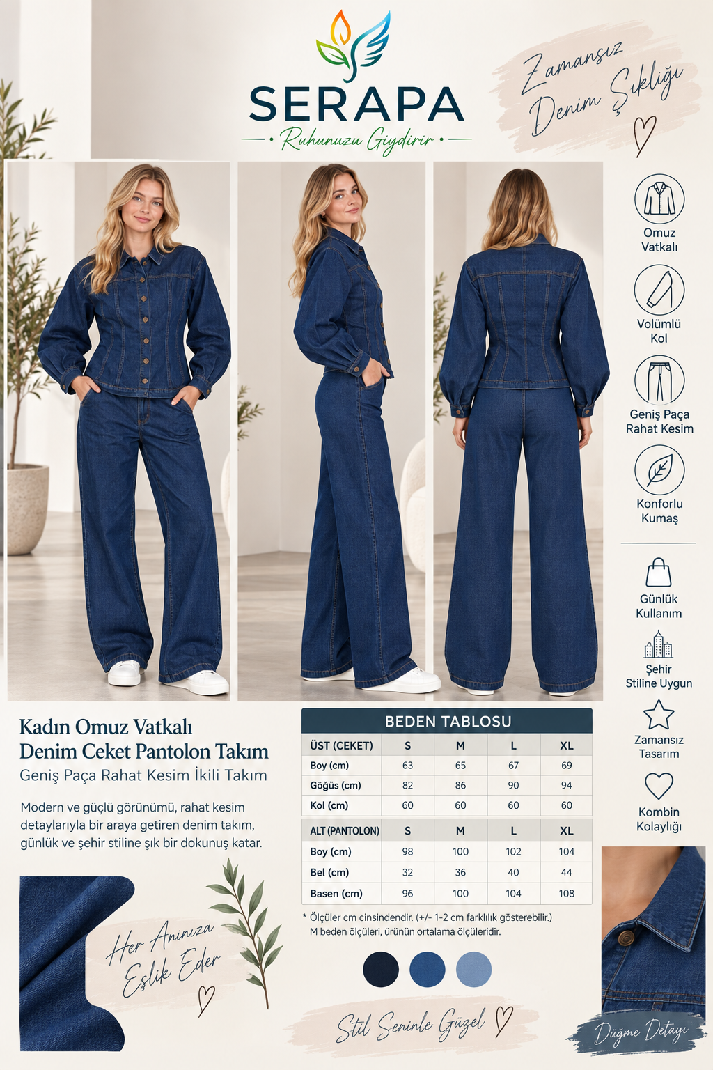 Kadın Omuz Vatkalı Volümlü Kollu Denim Ceket Pantolon Takım Geniş Paça Rahat Kesim