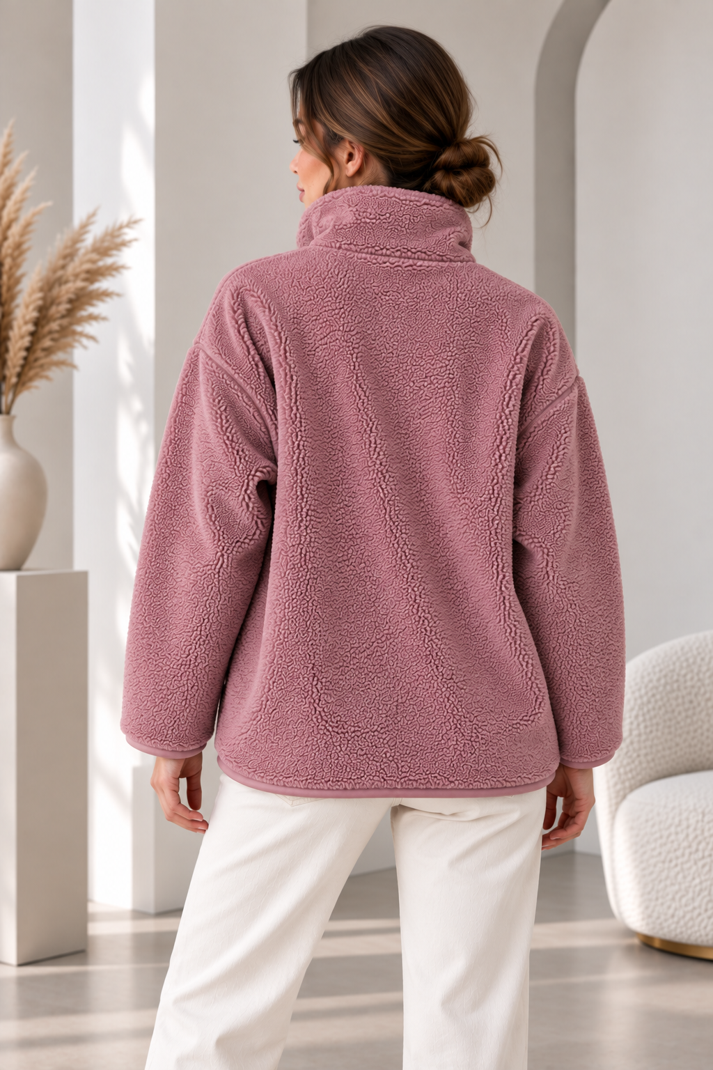 SERAPA Kadın Sherpa Peluş Mont Oversize %65 Pamuk %35 Polyester Rahat Kesim Fermuarlı Dik Yaka Cepli Peluş Mont