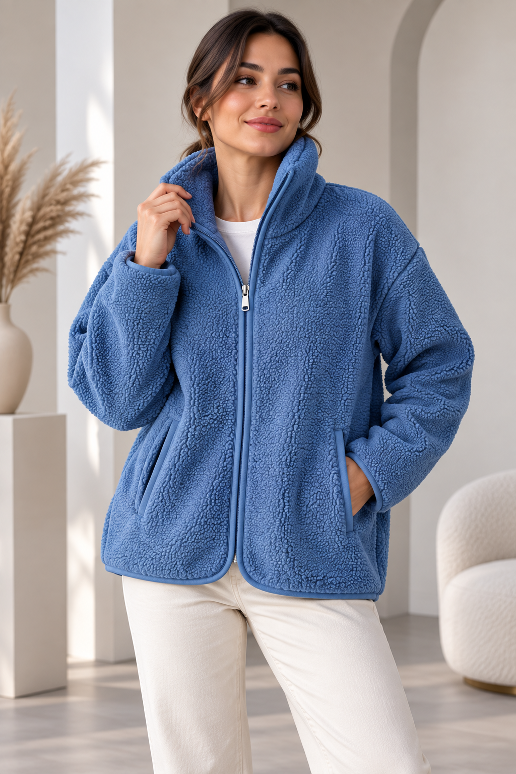 SERAPA Kadın Sherpa Peluş Mont Oversize %65 Pamuk %35 Polyester Rahat Kesim Fermuarlı Dik Yaka Cepli Peluş Mont