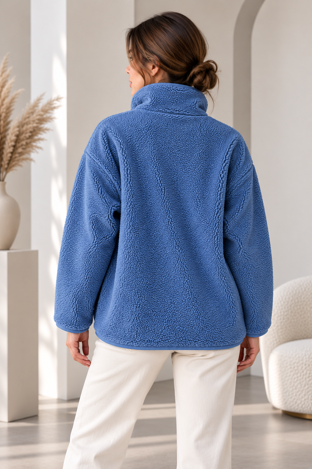SERAPA Kadın Sherpa Peluş Mont Oversize %65 Pamuk %35 Polyester Rahat Kesim Fermuarlı Dik Yaka Cepli Peluş Mont
