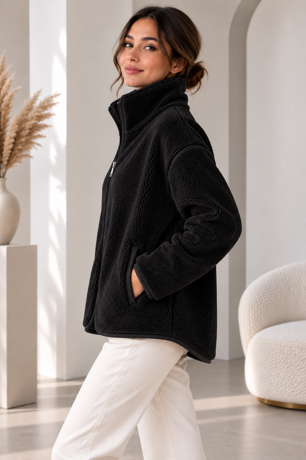 SERAPA Kadın Sherpa Peluş Mont Oversize %65 Pamuk %35 Polyester Rahat Kesim Fermuarlı Dik Yaka Cepli Peluş Mont