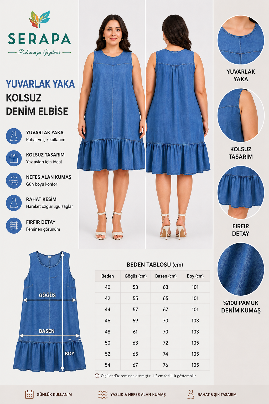 SERAPA Yuvarlak Yaka Kolsuz Denim Elbise %100 Pamuk Fırfır Detaylı Cepli Günlük Yazlık Büyük Beden Elbise